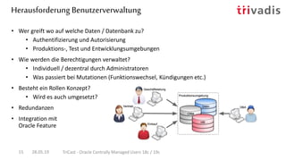 Herausforderung Benutzerverwaltung
28.05.19 TriCast - Oracle Centrally Managed Users 18c / 19c15
• Wer greift wo auf welche Daten / Datenbank zu?
• Authentifizierung und Autorisierung
• Produktions-, Test und Entwicklungsumgebungen
• Wie werden die Berechtigungen verwaltet?
• Individuell / dezentral durch Administratoren
• Was passiert bei Mutationen (Funktionswechsel, Kündigungen etc.)
• Besteht ein Rollen Konzept?
• Wird es auch umgesetzt?
• Redundanzen
• Integration mit
Oracle Feature
 