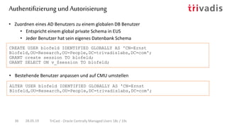 • Bestehende Benutzer anpassen und auf CMU umstellen
• Zuordnen eines AD Benutzers zu einem globalen DB Benutzer
• Entspricht einem global private Schema in EUS
• Jeder Benutzer hat sein eigenes Datenbank Schema
CREATE USER blofeld IDENTIFIED GLOBALLY AS 'CN=Ernst
Blofeld,OU=Research,OU=People,DC=trivadislabs,DC=com';
GRANT create session TO blofeld;
GRANT SELECT ON v_$session TO blofeld;
ALTER USER blofeld IDENTIFIED GLOBALLY AS 'CN=Ernst
Blofeld,OU=Research,OU=People,DC=trivadislabs,DC=com';
Authentifizierung und Autorisierung
28.05.19 TriCast - Oracle Centrally Managed Users 18c / 19c36
 