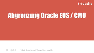 Abgrenzung Oracle EUS / CMU
28.05.19 TriCast - Oracle Centrally Managed Users 18c / 19c50
 
