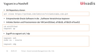 • Entsprechende Oracle Software in die ../software Verzeichnisse kopieren
• Initiales Starten und Provisionieren der VM (win2016ad, ol7db18, ol7db19 ol7oud12
• Git Repository clonen
git clone https://github.com/oehrlis/trivadislabs.com.git
cd win2016ad
vagrant up
Vagrant in a Nutshell
28.05.19 TriCast - Oracle Centrally Managed Users 18c / 19c56
• Zugriff via vagrant ssh / rdp
vagrant ssh
sudo su – oracle
vagrant rdp
 