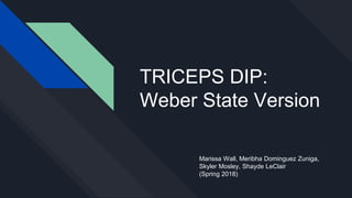 TRICEPS DIP:
Weber State Version
Marissa Wall, Meribha Dominguez Zuniga,
Skyler Mosley, Shayde LeClair
(Spring 2018)
 