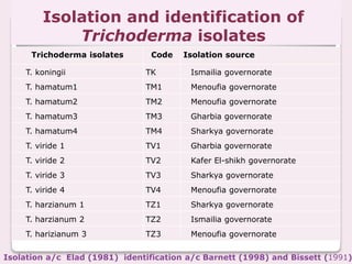 Trichoderma isolates Code Isolation source
T. koningii TK Ismailia governorate
T. hamatum1 TM1 Menoufia governorate
T. hamatum2 TM2 Menoufia governorate
T. hamatum3 TM3 Gharbia governorate
T. hamatum4 TM4 Sharkya governorate
T. viride 1 TV1 Gharbia governorate
T. viride 2 TV2 Kafer El-shikh governorate
T. viride 3 TV3 Sharkya governorate
T. viride 4 TV4 Menoufia governorate
T. harzianum 1 TZ1 Sharkya governorate
T. harzianum 2 TZ2 Ismailia governorate
T. harizianum 3 TZ3 Menoufia governorate
Isolation a/c Elad (1981) identification a/c Barnett (1998) and Bissett (1991)
Isolation and identification of
Trichoderma isolates
 