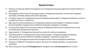 Related Articles
1) Efficiency of spinosad, Bacillus thuringiensis and Trichogramma brassicae against the tomato leafminer in
greenhouse.
2) Demography and life history of the egg parasitoid, Trichogramma brassicae, on two moths Anagasta
kuehniella and Plodia interpunctella in the laboratory.
3) Inundative release of Trichogramma brassicae bezdenko (Hymenoptera: Trichogrammatidae) for control of
European corn borer in sweet corn
4) Age-specific Functional Response of Trichogramma brassicae (Hymenoptera: Trichogrammatidae)
Parasitizing Different Egg Densities of Ephestia kuehniella (Lepidoptera: Pyralidae)
5) A comparative study on the functional response of Wolbachia-infected and uninfected forms of the
parasitoid wasp Trichogramma brassicae
6) Augmentation of Trichogramma brassicae for control of cruciferous Lepidoptera
7) Field Assessment of Trichogramma brassicae (Hymenoptera: Trichogrammatidae) and Bacillus
thuringiensis for Control of Ostrinia nubilalis (Lepidoptera: Pyralidae) in Sweet Corn
8) Assessment of Trichogramma species for biological control of forest lepidopteran defoliators
9) Parasitism of different Trichogramma species and strains on Plutella xylostella L. on greenhouse
cauliflower
10) Mass rearing and release of Trichogramma for biological control of insect pests of corn in China
 