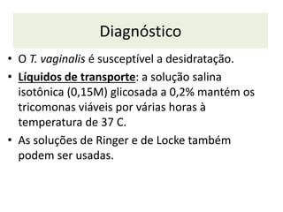 Diagnóstico
• O T. vaginalis é susceptível a desidratação.
• Líquidos de transporte: a solução salina
isotônica (0,15M) glicosada a 0,2% mantém os
tricomonas viáveis por várias horas à
temperatura de 37 C.
• As soluções de Ringer e de Locke também
podem ser usadas.
 