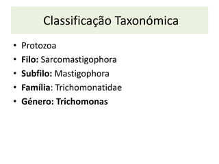 Classificação Taxonómica
• Protozoa
• Filo: Sarcomastigophora
• Subfilo: Mastigophora
• Família: Trichomonatidae
• Género: Trichomonas
 