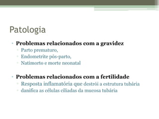 Patologia
• Problemas relacionados com a gravidez
▫ Parto prematuro,
▫ Endometrite pós-parto,
▫ Natimorto e morte neonatal
• Problemas relacionados com a fertilidade
▫ Resposta inflamatória que destrói a estrutura tubária
▫ danifica as células ciliadas da mucosa tubária
 