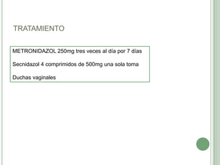 TRATAMIENTO

METRONIDAZOL 250mg tres veces al día por 7 días

Secnidazol 4 comprimidos de 500mg una sola toma

Duchas vaginales
 