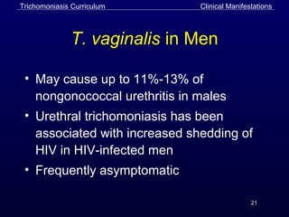 21
T. vaginalis in Men
• May cause up to 11%-13% of
nongonococcal urethritis in males
• Urethral trichomoniasis has been
associated with increased shedding of
HIV in HIV-infected men
• Frequently asymptomatic
Trichomoniasis Curriculum Clinical Manifestations
 