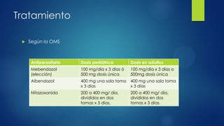 Tratamiento
 Según la OMS
Antiparasitario Dosis pediátrica Dosis en adultos
Mebendazol
(elección)
100 mg/día x 3 días ó
500 mg dosis única
100 mg/día x 3 días o
500mg dosis única
Albendazol 400 mg una sola toma
x 3 días
400 mg una sola toma
x 3 días
Nitazoxanida 200 a 400 mg/ día,
divididos en dos
tomas x 3 días.
200 a 400 mg/ día,
divididos en dos
tomas x 3 días.
 