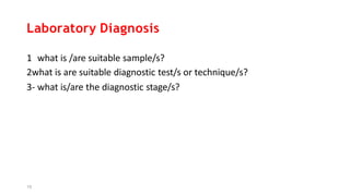 15
Laboratory Diagnosis
1 what is /are suitable sample/s?
2what is are suitable diagnostic test/s or technique/s?
3- what is/are the diagnostic stage/s?
 