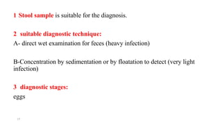17
1 Stool sample is suitable for the diagnosis.
2 suitable diagnostic technique:
A- direct wet examination for feces (heavy infection)
B-Concentration by sedimentation or by floatation to detect (very light
infection)
3 diagnostic stages:
eggs
 