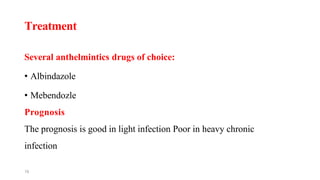 19
Treatment
Several anthelmintics drugs of choice:
• Albindazole
• Mebendozle
Prognosis
The prognosis is good in light infection Poor in heavy chronic
infection
 