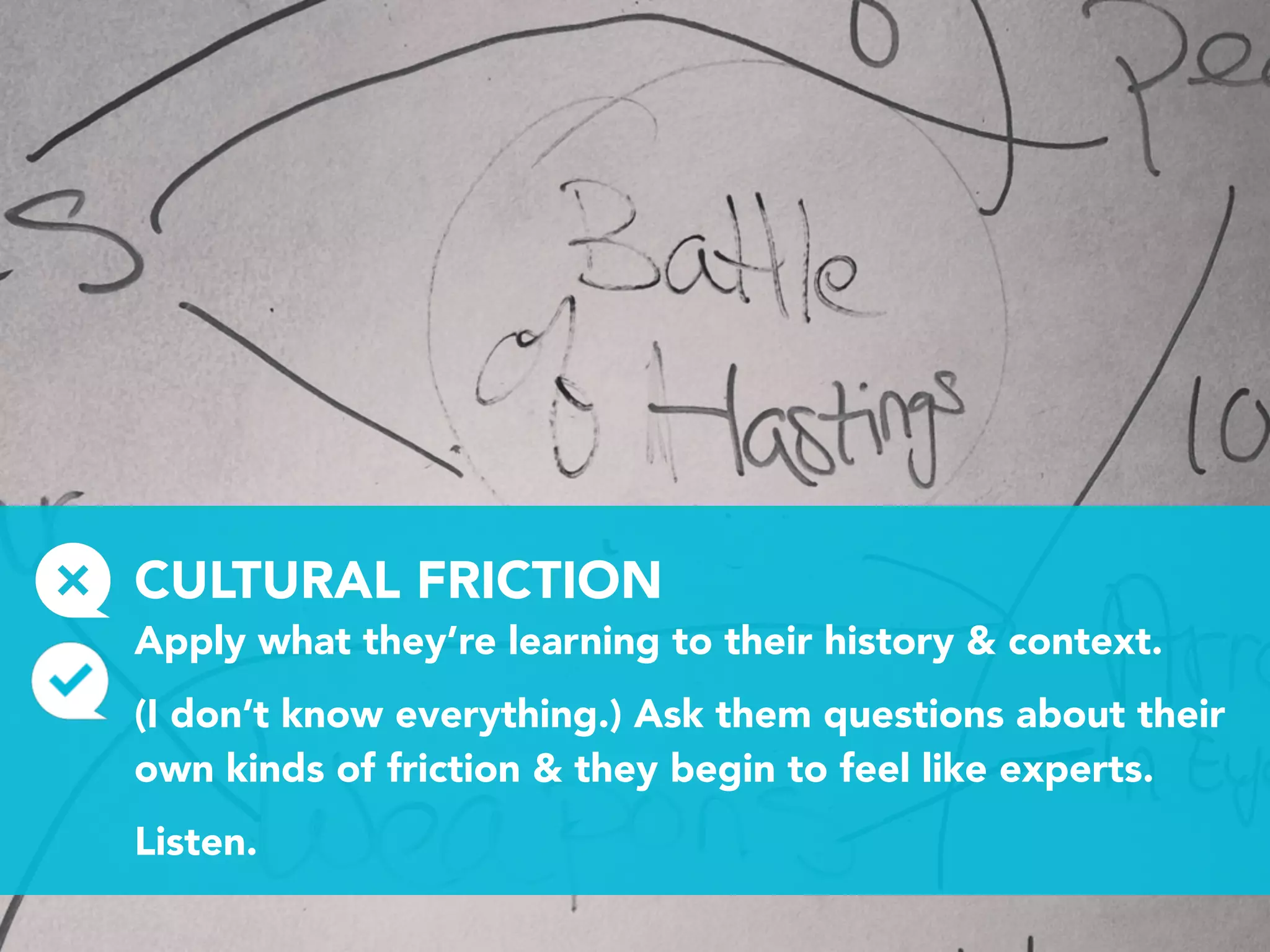 CULTURAL FRICTION
Apply what they’re learning to their history & context.
(I don’t know everything.) Ask them questions about their
own kinds of friction & they begin to feel like experts.
Listen.
 