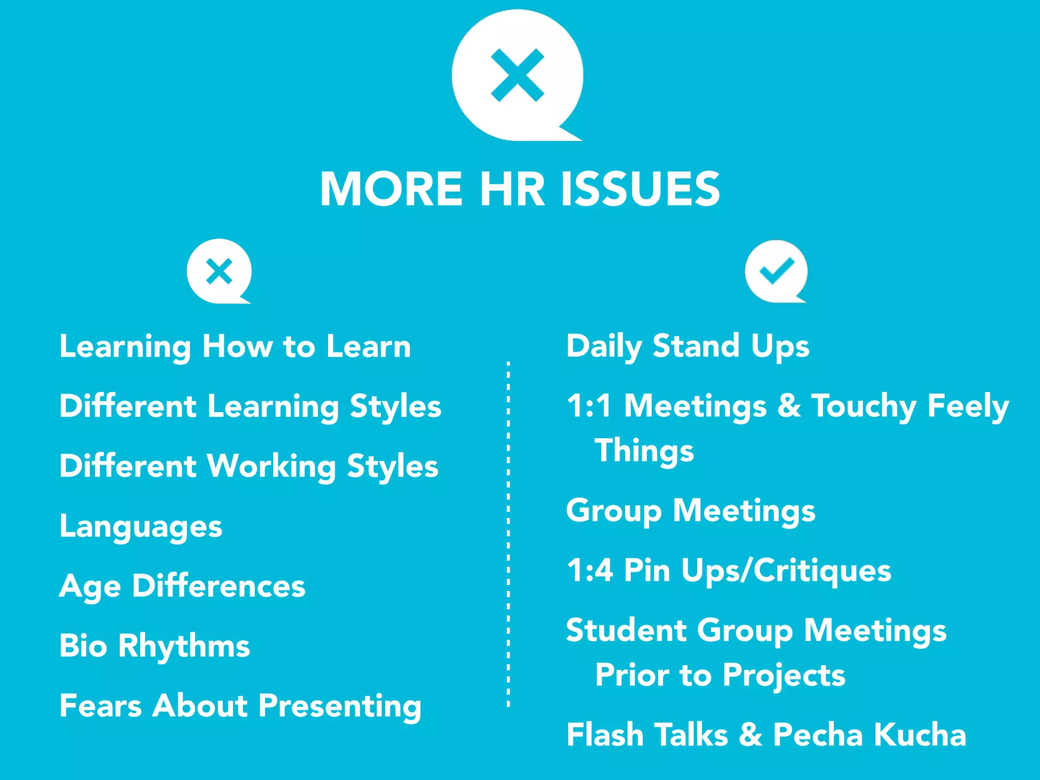 MORE HR ISSUES
Learning How to Learn
Different Learning Styles
Different Working Styles
Languages
Age Differences
Bio Rhythms
Fears About Presenting
Daily Stand Ups
1:1 Meetings & Touchy Feely
Things
Group Meetings
1:4 Pin Ups/Critiques
Student Group Meetings 
Prior to Projects
Flash Talks & Pecha Kucha
 