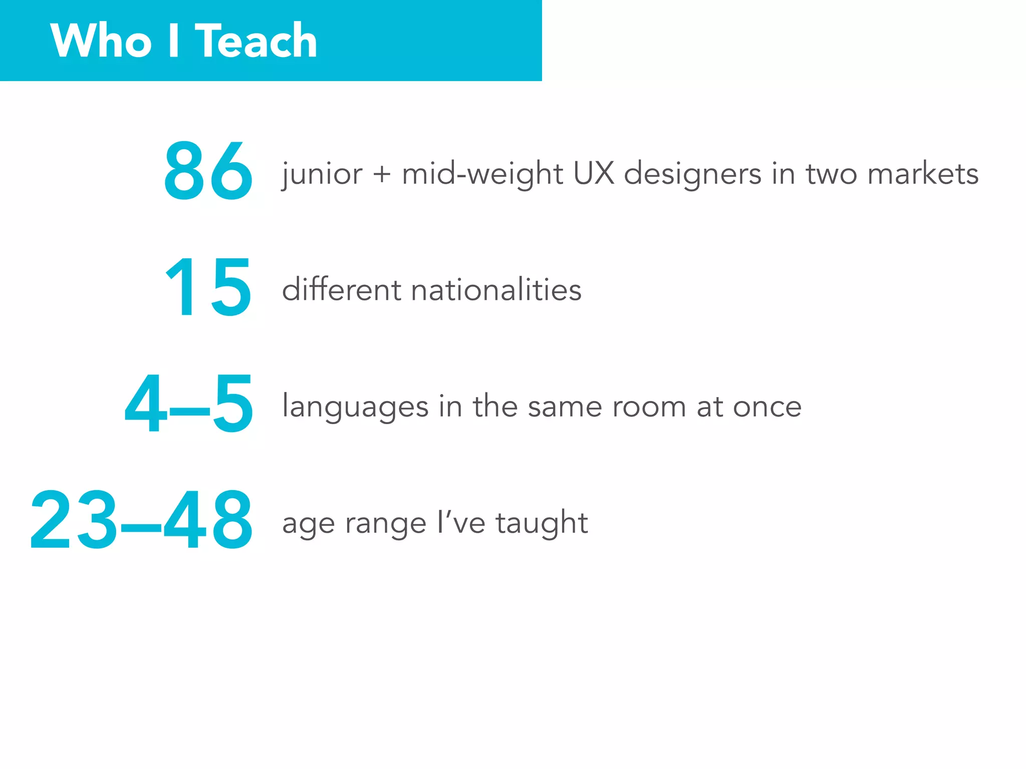 Who I Teach
junior + mid-weight UX designers in two markets
different nationalities
86
15
languages in the same room at once4–5
age range I’ve taught23–48
 