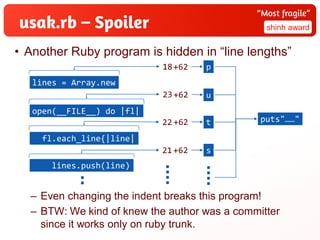 • All-solution Sudoku solver
• A magic for mixing data and code
• Nicely demonstrates a use case of Fiber
– Elegant and ha...