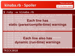 kinaba.rb - Spoiler 13th & yhara award
“Most warned”
$ ruby –w kinaba.rb
-:1: warning: parentheses after method name is interpreted as an argument list, not a dec
-:2: warning: mismatched indentations at 'end' with 'def' at 1
-:3: warning: shadowing outer local variable - s
-:4: warning: `frozen_string_literal' is ignored after any tokens
-:5: warning: `*' interpreted as argument prefix
-:6: warning: Float 1e2018 out of range
-:7: warning: comparison '>' after comparison
-:8: warning: unused literal ignored
-:9: warning: ambiguous first argument; put parentheses or a space even after `+' operato
-:10: warning: assigned but unused variable - result
-:1: warning: method redefined; discarding old write
-:2: warning: previous definition of write was here
-:3: warning: given block not used
-:4: warning: passing a block to String#grapheme_clusters is deprecated
-:5: warning: unknown unpack directive 'o' in 'ao'
-:6: warning: Bignum out of Float range
-:7: warning: trust is deprecated and its behavior is same as untaint
-:8: warning: public_class_method with no argument is just ignored
-:9: warning: global variable `$ruby' not initialized
-:10: warning: #<IO:<STDOUT>>.write is outdated interface which accepts just one argument
TRICK2018
Each line has
static (parse/compile-time) warnings
Each line also has
dynamic (run-time) warnings
 
