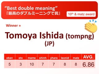 Winner »
eban eto mame shinh yhara leonid matz AVG.
“Best double meaning”
『最高のダブルミーニングで賞』
Tomoya Ishida (tompng)
(JP)
10th & matz award
5 3 10 7 7 8 8 6.86
 