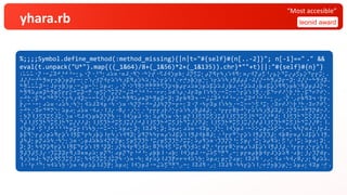 yhara.rb leonid award
“Most accesible”
%;;;;Symbol.define_method(:method_missing){|n|t="#{self}#{n[..-2]}"; n[-1]=="⠠" &&
eval(t.unpack("U*").map{((_1&64)/8+(_1&56)*2+(_1&135)).chr}*""+t)||:"#{self}#{n}"}
:⠥⠥⠥⠐⡝⠐⠒⡬⠽⠚⡘⠚⠘⠒⡂⡦⠐⡝⠐⡘⠙⡂⠴⠵⠶⠐⠶⠼⡐⠻⡑⠐⠓⡕⡞⠐⠫⠼⠺⡱⡶⠷⡂⠼⡝⡫⡭⡂⡴⡝⠻⡖⠳⡰⠱⠺⠻⡂⠶⡔⠺⡝⡴⡫⠘⡔⡦⡕⠙⡭⡔⡴⡫⡦⡕⠙⡖⡖⡭⡂.
⠼⡜⡜⠒⡚⠓⡻⠶⡖⡲⡷⡱⡶⡽⡖⠒⡂⡒⠱⡔⡺⡝⠺⡖⠵⠱⠳⡰⡯⠻⡴⡱⠳⠵⡐⡦⡑⡖⡵⠱⠸⡐⠖⡚⡲⡷⡱⡶⡑⡂⠱⡖⠵⠱⠳⡰⡻⡼⡴⡼⠐⠼⡜⡜⠒⠓⡻⡴⡽⡖⠒⡽⡂⠼⡜⡜⠒⠓⡻⡺⡽.
⠓⡻⠥⠥⠥⡽⠒⡂⠼⡖⡲⡷⡱⡶⡐⠒⡬⡶⠒⡑⡂⠵⡶⠴⡂⡠⠐⡝⠐⠕⠹⡻⠕⡛⡛⡛⡛⠫⡹⡵⠲⡷⡴⡖⠴⠵⠶⡱⡶⠵⡯⡵⠵⠼⡰⡷⠴⡐⡚⡵⠵⠼⡰⡷⠴⡯⡵⡱⠻⠻⡱⡶⠷⡑⡻⡼⡶⡼⠼⡝⠒.
⠓⡻⠻⠵⡴⠶⡽⠓⡻⡶⡫⡖⡖⡕⠚⡭⡽⠒⡛⠐⡶⡫⡕⠙⡭⡝⡝⠒⡬⠽⠚⡘⠚⠘⠒⠐⠖⠖⡂⠵⠾⠱⡴⡐⠼⡖⠽⡶⠸⠱⠳⡳⡐⠒⠭⡒⠒⡑⡖⡵⠱⠸⡻⡐⡐⡯⠙⠖⠞⠜⡑⡗⡘⡓⡐⡯⠙⠖⠝⠞⡑.
⡒⠚⡓⡐⡯⠙⠖⠙⠛⠝⡑⡑⡖⠳⡰⠺⡽⡒⠒⠒⡓⠼⡑⡼⡼⡚⠒⠓⡻⠻⠵⡴⠶⡽⠓⡻⡶⡽⠒⡽⡂⡽⡖⠷⠻⠽⠲⠐⠒⡬⡬⠽⠚⡘⠚⠘⠒⡔⠒⡬⠽⠚⡘⠚⠘⠒⡂⡠⡠⠐⡝⠐⡠⡖⠷⠻⠽⠲⠐⡗⡖.
⡗⡔⠒⠐⠒⡂⠴⠵⠶⠐⠴⠵⠳⡐⠳⡑⡂⠺⠵⠼⠽⠺⡶⠐⠳⠐⡱⠶⠐⠳⡝⡝⠒⡚⠒⡼⡼⠳⡝⡝⠒⡖⠒⡂⠽⠐⡝⠐⠳⡖⠽⡶⠸⠱⠳⡳⡐⠒⠭⡒⠒⡑⡫⠘⡭⡂⡐⠽⠖⠞⠜⡑⡗⡘⡓⡐⠽⠖⠝⠞⡑.
⡒⠚⡓⡐⠽⠖⠙⠛⠝⡑⡂⠵⡶⠴⡂⠴⠵⠶⠐⠺⠴⡐⠸⡸⡔⠐⠿⡔⠐⡰⡑⡂⡐⠘⡖⡖⡖⡰⡗⠜⡑⡖⠵⠱⠳⡰⡻⡼⠾⡼⡂⡐⠘⡖⡖⡖⠿⡗⠚⡑⡖⠵⠱⠳⡰⡻⡼⠽⡼⡂⡸⡝⠽⡒⠚⡛⡹⡝⠾⡒⠜.
⡂⡳⡝⠸⡸⡫⡹⡭⡫⡸⡭⡂⡱⠶⠐⠫⠼⠺⡱⡶⠷⡝⡝⡝⡳⠐⡂⠸⠺⡱⡶⠼⠐⡳⡂⠵⡴⠻⡱⠶⠐⡳⡂⡶⡝⠸⡸⡫⡹⡭⡫⡸⡭⡼⠸⡸⡫⡹⡭⡫⡸⡓⠙⡭⡜⡜⠛⡼⡂⠸⡸⡫⡹⡓⠙⡭⡫⡸⡭⡜⡜.
⠙⡼⠸⡸⡫⡹⡓⠙⡭⡫⡸⡓⠙⡭⡜⡜⠜⡼⡂⠸⡸⡫⡹⡓⠚⡭⡫⡸⡭⡜⡜⠚⡼⠸⡸⡫⡹⡓⠚⡭⡫⡸⡓⠙⡭⡜⡜⠝⡼⡂⠸⡸⡫⡹⡓⠛⡭⡫⡸⡭⡜⡜⠞⡼⠸⡸⡫⡹⡓⠛⡭⡫⡸⡓⠙⡭⡜⡜⠟⡂⠸.
⠺⡱⡶⠼⠐⡫⠘⡸⠚⡘⠘⠘⡓⡶⡭⡖⠸⠱⠳⡳⡐⠒⠭⠒⡑⡂⠵⡶⠴⡂⡽⡂⠸⠽⠼⠻⡂⡽⡂⠵⡶⠴⡂⠴⠵⠶⠐⠺⠽⡶⡐⡸⡑⡂⠸⠺⡱⡶⠼⠐⠒⠕⠕⡬⡶⡬⠵⡫⠚⡢⠒⡂⠳⠳⡝⠶⠼⡐⡸⡖⠼.
⡷⡯⠻⡑⡖⡴⡱⡶⠵⠻⡖⡵⠱⠸⡻⡯⠙⡖⠳⡰⡷⡵⠸⡖⠳⡰⠱⠺⠻⡽⡂⡵⠻⡝⠳⠳⡖⠶⡴⠱⠼⡯⡵⠱⠸⡻⡼⠺⡷⠿⡼⡂⡐⠘⡖⡖⠛⡑⡖⡵⠱⠸⡻⡼⡹⡹⡼⡂⠺⡷⠿⡖⠶⡴⠱⠼⡯⡵⠱⠸⡻.
⡼⠳⡼⡂⡶⡝⠴⠵⠳⡐⠳⡑⡂⡱⠶⠐⡡⡶⠼⠵⠷⠵⠺⡝⡝⡝⡶⡂⡫⡶⡫⡹⡹⡓⠘⡭⡔⡶⡫⡹⡹⡓⠜⡭⡭⡂⠵⡴⠻⡱⠶⠐⡹⡹⡝⡝⠘⡂⡫⡶⡔⠘⡭⡂⠵⡴⠻⠵⡂⡫⠘⡔⠘⡭⡂⠵⡶⠴⡂⡽⡂.
⡽⡂⡽⡂⠳⠺⡝⡵⠻⡖⡵⠱⠸⡻⡯⠙⡖⡵⠱⠸⡻⠘⡽⡽⡂⡰⡝⠳⠺⡖⠻⡱⡺⠵⡂⠿⡝⠳⠺⡫⠘⡭⡖⠻⡱⡺⠵⡂⠾⡝⡐⠘⡖⡖⡖⠿⡑⡖⠶⡴⠱⠼⡯⡵⠱⠸⡻⡼⡸⡼⡐⠘⡖⡖⡖⡰⡑⡖⡵⠱⠸.
⡻⡼⡹⡼⡫⡸⡔⠐⡹⡭⡽⡽⡖⠻⡰⠽⠶⠶⡴⠵⡂⡶⡝⠙⡂⠴⡶⡝⠙⡖⠘⠚⠘⡂⡴⡷⡷⠸⠐⠴⡷⡂⠸⠺⡱⡶⠼⠐⠒⡬⠵⡫⠙⡛⠙⡠⠒⡂⡶⡖⠶⡴⡷⡷⠺⡖⠼⡱⡵⠵⠻⠐⠴⡷⡂⡸⡔⡹⡝⠾⡖.
⠻⡰⡱⠶⠼⡂⠳⡝⡵⠻⡫⡹⡭⡫⡸⡭⡂⠳⠺⡫⡹⡭⡫⡸⡭⡝⠳⠐⡱⠶⠐⠳⡂⠾⡖⠵⡵⠸⠼⡹⡟⠖⠖⠲⠺⠵⠱⡳⡂⠵⡶⠴⡂⡶⡒⡝⠴⡶⡂⠸⠽⠼⠻⠐⡠⡠⡂⠺⠴⠐⠳⠺⡔⠿⡔⡰⡂⠻⡴⠵⠵.
⠸⠐⠘⡖⠘⠙⡂⠲⠺⠵⠱⡳⠐⡱⠶⠐⠾⡖⠵⡵⠸⠼⡹⡟⡂⠵⡶⠴⡂⠸⠺⡱⡶⠼⠐⠒⡬⠵⡫⠙⡛⠙⡠⠒⡂⠸⠽⠼⠻⠐⡠⡂⠸⠽⠼⠻⠐⠳⠳⡖⡵⠱⠸⡐⠖⡚⡲⡷⡱⡶⡑⡂⠵⡶⠴⡂⠺⠽⡶⠐⡚⠠
 