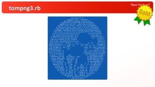 “Best fishbowl”
tompng3.rb
eval((s=%~c=(0..35
).map{s[2*_1+1]}*'';class$Inte
ger;def$quXinclude(Math ;spXo(a)=self*
a.pow(87X=h=32.chr;g=PI/480;ls=(sp*31X,89)%89;
def$abX+'eval((s=%'+(n=? .next)+s*88.chr+[nXs()=[a
=self%X+'.split(',sp*25+'?'+88.chr+');(0..36).mapX89,89-
a].miX{s[2*_1].split}',sp*31+".join.tr('$',$/)))"]*$/)Xn;end
;reqX.split$/;trap(:INT){puts;exit};q=->t,i{a,y=((t+i*99)Xuire
'matrX%960). ivmod(80);[(a*(7+i)+i*23)%79+(y+a)/(5+i%4)%2,39Xix';1
5.tiX-y/2]};p=->t,u{a=->b,c{(0..5).sum{(u%2-1)*E**(t*(b+c*_1)*gXmes{
|i,*X.i+ i*u+=5+sin(u*u))}};x,z=a[5,3]. 5,3].rect;x+=y.Xv|z=
*?!Xi a[19,4];z+=w;r=(4+(x.abs+z.i).ab };t=(0..959).fX..?
W,?Xind{|t|(0..29).all?{x,y=q[t,_1];(x 2||h=ls[y][x]X[,*
?]..X[/[^!-}]/]}};h=($**h+h).chr;eval( []} ->(x,yX?};a
=(0X,a,b){x=x*36+39.5;y=19.5-y*18;b*=1 |i|((yX..1
34)X-b).ceil..y+b).map{|j|((x-i)/a+(y j)/ .times{X.ma
p{zXx,z=p[t,_1];l=u```=0;while``````(l<1)``; u+```=0 ;d=x-y;X.in
dex(Xl+=(d.abs+(z-w``)``.i).ab``s*1.``1 ;x``,z=y``,w;o[v``=``x.r d.imag/Xc[i+
15*Xd.abs*l*sin(2*``l-t``*g*80``-_1) l*(``1-l)/``6,a``=l*( -l)**2*0.X_1]
)};X7,a*2]&&o[v,z,``0.0``3,l**`` ``times``{|i``|(8+i).times{|Xw=*
MatXj|o[sin(i)/2+````` ```sin( `/2.0`````````)*j/200,j*0.0Xrix
[*(X5-1,0.02,0.1]``}} ``. q[t,``_1];m``[y][x]= };i=-X0..
44).X1;$><<(['%%','[H .map{|j|(0..79).map{|k|x=(Xmap{
|i,X -39.5)/35.8;y=( i+=1;m[j][k]?h:c[i]):ls[j]X*b|
v<<X[k];}*''}*$/<<0) 1)%9 te"`")#iJw6$Dcc1]r*G"eDXa.z
ip(X%P<M^Az!7?f*yxM `d"qi77UD*T!: .^B][T ?%:"w82/s3A[M]V %KbeX0..
).suX5,G_=6D65#,zMaW $lsR=!Uvhio zb : dE:50obh|RgCTFfy*+)Xm{-(
p=(XH0},JA>;rxRht+ ADjV;e&'/h Qg cO?,C%J a0mE+Qy2a9'X(i+
_2)X^):t|am}b`k>e zxd[HJ9 ony JC gucaew/gcoWRy_X**9
.1).X*]u+DL(&hH wc 8531x'b bd= } < z Say vJ@{?+$Xto_i
%88+XV-GE'5^Va <9 *`?9b1 >_ } 8g 3 4 l zH_/o@j*2vX1)*(
_1||(Xp]h"u=4- U. 0nz2- E9U #"pl=^ e E(=+x6s/pXb<<p;
0))}X3t_@K?C C& ^6(BE > K 2DA B8jDlS b* WpM(|t(2X;b}]
.lup.X5R(B71 la u?5V? M(2 dP <S<,fo Qv >Fj4<?KXsolve
(v);13X"$; wL b,l^f$ f,5 z R,PhV# pM w^7UX5.time
s{c[i+X (8 NfbKS) 2*` I RW7zgh!P j6 tX15*_1]
=z[a[_1]X enuc,T= Oi. > 5D=#(;(% ?X||w.shif
t]}};eval(X9P lRQ S dq4M(Xc)~.split(
?X);(0..36).map{s[2*_1].split}
.join.tr('$',$/)))
 