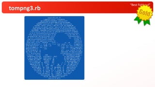 “Best fishbowl”
tompng3.rb
eval((s=%~c=(0..35
).map{s[2*_1+1]}*'';class$Inte
ger;def$quXinclude(Math ;spXo(a)=self*
a.pow(87X=h=32.chr;g=PI/480;ls=(sp*31X,89)%89;
def$abX+'eval((s=%'+(n=? .next)+s*88.chr+[nXs()=[a
=self%X+'.split(',sp*25+'?'+88.chr+');(0..36).mapX89,89-
a].miX{s[2*_1].split}',sp*31+".join.tr('$',$/)))"]*$/)Xn;end
;reqX.split$/;trap(:INT){puts;exit};q=->t,i{a,y=((t+i*99)Xuire
'matrX%960). ivmod(80);[(a*(7+i)+i*23)%79+(y+a)/(5+i%4)%2,39Xix';1
5.tiX-y/2]};p=->t,u{a=->b,c{(0..5).sum{(u%2-1)*E**(t*(b+c*_1)*gXmes{
|i,*X.i+ i*u+=5+sin(u*u))}};x,z=a[5,3]. 5,3].rect;x+=y.Xv|z=
*?!Xi a[19,4];z+=w;r=(4+(x.abs+z.i).ab };t=(0..959).fX..?
W,?Xind{|t|(0..29).all?{x,y=q[t,_1];(x 2||h=ls[y][x]X[,*
?]..X[/[^!-}]/]}};h=($**h+h).chr;eval( []} ->(x,yX?};a
=(0X,a,b){x=x*36+39.5;y=19.5-y*18;b*=1 |i|((yX..1
34)X-b).ceil..y+b).map{|j|((x-i)/a+(y j)/ .times{X.ma
p{zXx,z=p[t,_1];l=u```=0;while``````(l<1)``; u+```=0 ;d=x-y;X.in
dex(Xl+=(d.abs+(z-w``)``.i).ab``s*1.``1 ;x``,z=y``,w;o[v``=``x.r d.imag/Xc[i+
15*Xd.abs*l*sin(2*``l-t``*g*80``-_1) l*(``1-l)/``6,a``=l*( -l)**2*0.X_1]
)};X7,a*2]&&o[v,z,``0.0``3,l**`` ``times``{|i``|(8+i).times{|Xw=*
MatXj|o[sin(i)/2+````` ```sin( `/2.0`````````)*j/200,j*0.0Xrix
[*(X5-1,0.02,0.1]``}} ``. q[t,``_1];m``[y][x]= };i=-X0..
44).X1;$><<(['%%','[H .map{|j|(0..79).map{|k|x=(Xmap{
|i,X -39.5)/35.8;y=( i+=1;m[j][k]?h:c[i]):ls[j]X*b|
v<<X[k];}*''}*$/<<0) 1)%9 te"`")#iJw6$Dcc1]r*G"eDXa.z
ip(X%P<M^Az!7?f*yxM `d"qi77UD*T!: .^B][T ?%:"w82/s3A[M]V %KbeX0..
).suX5,G_=6D65#,zMaW $lsR=!Uvhio zb : dE:50obh|RgCTFfy*+)Xm{-(
p=(XH0},JA>;rxRht+ ADjV;e&'/h Qg cO?,C%J a0mE+Qy2a9'X(i+
_2)X^):t|am}b`k>e zxd[HJ9 ony JC gucaew/gcoWRy_X**9
.1).X*]u+DL(&hH wc 8531x'b bd= } < z Say vJ@{?+$Xto_i
%88+XV-GE'5^Va <9 *`?9b1 >_ } 8g 3 4 l zH_/o@j*2vX1)*(
_1||(Xp]h"u=4- U. 0nz2- E9U #"pl=^ e E(=+x6s/pXb<<p;
0))}X3t_@K?C C& ^6(BE > K 2DA B8jDlS b* WpM(|t(2X;b}]
.lup.X5R(B71 la u?5V? M(2 dP <S<,fo Qv >Fj4<?KXsolve
(v);13X"$; wL b,l^f$ f,5 z R,PhV# pM w^7UX5.time
s{c[i+X (8 NfbKS) 2*` I RW7zgh!P j6 tX15*_1]
=z[a[_1]X enuc,T= Oi. > 5D=#(;(% ?X||w.shif
t]}};eval(X9P lRQ S dq4M(Xc)~.split(
?X);(0..36).map{s[2*_1].split}
.join.tr('$',$/)))
 