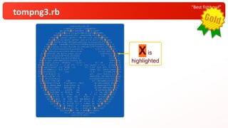 “Best fishbowl”
tompng3.rb
eval((s=%~c=(0..35
).map{s[2*_1+1]}*'';class$Inte
ger;def$quXinclude(Math ;spXo(a)=self*
a.pow(87X=h=32.chr;g=PI/480;ls=(sp*31X,89)%89;
def$abX+'eval((s=%'+(n=? .next)+s*88.chr+[nXs()=[a
=self%X+'.split(',sp*25+'?'+88.chr+');(0..36).mapX89,89-
a].miX{s[2*_1].split}',sp*31+".join.tr('$',$/)))"]*$/)Xn;end
;reqX.split$/;trap(:INT){puts;exit};q=->t,i{a,y=((t+i*99)Xuire
'matrX%960). ivmod(80);[(a*(7+i)+i*23)%79+(y+a)/(5+i%4)%2,39Xix';1
5.tiX-y/2]};p=->t,u{a=->b,c{(0..5).sum{(u%2-1)*E**(t*(b+c*_1)*gXmes{
|i,*X.i+ i*u+=5+sin(u*u))}};x,z=a[5,3]. 5,3].rect;x+=y.Xv|z=
*?!Xi a[19,4];z+=w;r=(4+(x.abs+z.i).ab };t=(0..959).fX..?
W,?Xind{|t|(0..29).all?{x,y=q[t,_1];(x 2||h=ls[y][x]X[,*
?]..X[/[^!-}]/]}};h=($**h+h).chr;eval( []} ->(x,yX?};a
=(0X,a,b){x=x*36+39.5;y=19.5-y*18;b*=1 |i|((yX..1
34)X-b).ceil..y+b).map{|j|((x-i)/a+(y j)/ .times{X.ma
p{zXx,z=p[t,_1];l=u```=0;while``````(l<1)``; u+```=0 ;d=x-y;X.in
dex(Xl+=(d.abs+(z-w``)``.i).ab``s*1.``1 ;x``,z=y``,w;o[v``=``x.r d.imag/Xc[i+
15*Xd.abs*l*sin(2*``l-t``*g*80``-_1) l*(``1-l)/``6,a``=l*( -l)**2*0.X_1]
)};X7,a*2]&&o[v,z,``0.0``3,l**`` ``times``{|i``|(8+i).times{|Xw=*
MatXj|o[sin(i)/2+````` ```sin( `/2.0`````````)*j/200,j*0.0Xrix
[*(X5-1,0.02,0.1]``}} ``. q[t,``_1];m``[y][x]= };i=-X0..
44).X1;$><<(['%%','[H .map{|j|(0..79).map{|k|x=(Xmap{
|i,X -39.5)/35.8;y=( i+=1;m[j][k]?h:c[i]):ls[j]X*b|
v<<X[k];}*''}*$/<<0) 1)%9 te"`")#iJw6$Dcc1]r*G"eDXa.z
ip(X%P<M^Az!7?f*yxM `d"qi77UD*T!: .^B][T ?%:"w82/s3A[M]V %KbeX0..
).suX5,G_=6D65#,zMaW $lsR=!Uvhio zb : dE:50obh|RgCTFfy*+)Xm{-(
p=(XH0},JA>;rxRht+ ADjV;e&'/h Qg cO?,C%J a0mE+Qy2a9'X(i+
_2)X^):t|am}b`k>e zxd[HJ9 ony JC gucaew/gcoWRy_X**9
.1).X*]u+DL(&hH wc 8531x'b bd= } < z Say vJ@{?+$Xto_i
%88+XV-GE'5^Va <9 *`?9b1 >_ } 8g 3 4 l zH_/o@j*2vX1)*(
_1||(Xp]h"u=4- U. 0nz2- E9U #"pl=^ e E(=+x6s/pXb<<p;
0))}X3t_@K?C C& ^6(BE > K 2DA B8jDlS b* WpM(|t(2X;b}]
.lup.X5R(B71 la u?5V? M(2 dP <S<,fo Qv >Fj4<?KXsolve
(v);13X"$; wL b,l^f$ f,5 z R,PhV# pM w^7UX5.time
s{c[i+X (8 NfbKS) 2*` I RW7zgh!P j6 tX15*_1]
=z[a[_1]X enuc,T= Oi. > 5D=#(;(% ?X||w.shif
t]}};eval(X9P lRQ S dq4M(Xc)~.split(
?X);(0..36).map{s[2*_1].split}
.join.tr('$',$/)))
Xis
highlighted
 