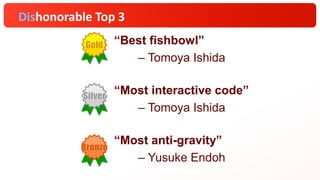 Dishonorable Top 3
“Best fishbowl”
– Tomoya Ishida
“Most interactive code”
– Tomoya Ishida
“Most anti-gravity”
– Yusuke Endoh
 