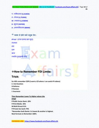(For More Tricks,Notes and Updates Like us on Facebook : facebook.com/Exam.Affairs.EA) Page 14 of
45
FACEBOOK LINK : https://www.facebook.com/Exam.Affairs.EA
ऩ - ऩाककस्िान (3,310KM)
न - नेऩार (1,752KM).
M - म्माभाय (1,458KM)
B - बूटान (587KM)
A - अपगातनस्िान (80KM)
:
#Trick ~ {गॊजा दाभाद खाए फ्रू ट}
गॊजाऩन
दाद
दभा
खाज
एथरीट पु ट(हाथी ऩाॉव)
How to Remember FDI Limits:
Trick:
for 49% remember CDPI (I want a CD where I can watch PI videos)
C: Civil Aviation
D:Defence
P:Pension
I: Insurance
Then Remember Lower To Higher values Like
PPMP
P:Public Sector Bank -20%
P:Print Media- 26%
M:Multi Brand-51%
P:Private Sec bank-74%
*Remember both Banks 1 is lowest & another is highest.
Next formula to Remember 100%:
 