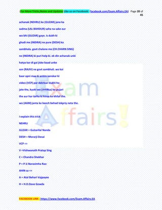 (For More Tricks,Notes and Updates Like us on Facebook : facebook.com/Exam.Affairs.EA) Page 20 of
45
FACEBOOK LINK : https://www.facebook.com/Exam.Affairs.EA
achanak (NEHRU) ke (GUZAR) jane ka
sadma (LAL BAHDUR) saha na sake aur
wo bhi (GUZAR) gaye. is dukh ki
ghadi me (INDIRA) ne pure (DESH) ko
sambhala. govt chalane me (CH.CHARN SING)
ne (INDIRA) ki puri help ki. ek din achanak unki
hatya kar di gai jiske baad unke
son (RAJIV) ne govt sambhali. wo kai
baar apni maa ki antim sanskar ki
video (VCP) par dekhkar dukhi ho
jate the, kyoki wo (AHINsa) ke pujari
the aur har tarha ki hinsa ke khilaf the.
wo (AAM) janta ke beech behad lokpriy neta the.
I explain this trick
NEHRU
GUZAR = Gulzarilal Nanda
DESH = Morarji Desai
VCP =>
V =Vishwanath Pratap Sing
C = Chandra Shekhar
P = P.V.Narasimha Rao
AHIN sa =>
A = Atal Behari Vajpayee
H = H.D.Deve Gowda
 