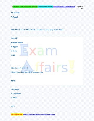(For More Tricks,Notes and Updates Like us on Facebook : facebook.com/Exam.Affairs.EA) Page 6 of
45
FACEBOOK LINK : https://www.facebook.com/Exam.Affairs.EA
M-Maritius
N-Nepal
POUND : S-E-S-U Mind Trick : Sheshu(a name) plays in the Pond..
S-E-S-U
S-South Sudan
E-Egypt
S-Syria
U-Uk
PESO : M-A-C C-P-U
MindTrick : just like MAC intosh…Cpu
MAC
M-Mexico
A-Argentina
C-Chile
CPU
 