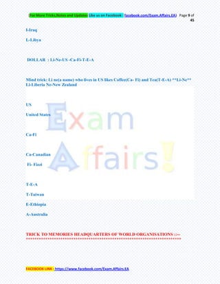 (For More Tricks,Notes and Updates Like us on Facebook : facebook.com/Exam.Affairs.EA) Page 9 of
45
FACEBOOK LINK : https://www.facebook.com/Exam.Affairs.EA
I-Iraq
L-Libya
DOLLAR : Li-Ne-US -Ca-Fi-T-E-A
Mind trick: Li ne(a name) who lives in US likes Coffee(Ca- Fi) and Tea(T-E-A) **Li-Ne**
Li-Liberia Ne-New Zealand
US
United States
Ca-Fi
Ca-Canadian
Fi- Fizzi
T-E-A
T-Taiwan
E-Ethiopia
A-Australia
TRICK TO MEMORIES HEADQUARTERS OF WORLD ORGANISATIONS ::--
************************************************************************
 