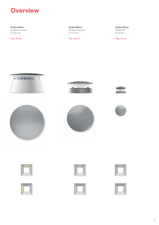 Radial Effect
Recessed
Ø 45 mm
Pag. 30-35
Radial Effect
Surface-mounted
Ø 110 mm
Pag. 30-35
Radial Effect
Surface-mounted
Ø 160 mm
Pag. 30-35
Overview
7
 