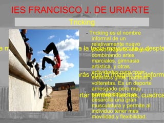 IES FRANCISCO J. DE URIARTE -  Tricking es el nombre informal de un relativamente nuevo pseudodeporte callejero, combinando artes marciales, gimnasia artística, y otras actividades para crear estéticos giros, patadas y volteretas. Es un deporte arriesgado pero muy entretenido ya que desarolla una gran musculatura y permite al individuo tener mas movilidad y flexibilidad.  Para modificar su tamaño pulsa la tecla mayúscula y desplaza el ratón en diagonal. Así evitarás que la imagen se deforme Puedes insertar también flechas, cuadros, etc. 