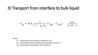 3) Transport from interface to bulk liquid
where
𝑘1 : liquid-phase mass transfer coefficient, m/s
𝐶𝐴𝑖 : concentration of A in liquid at the interface, kmol/m 3
𝐶𝐴𝑏 : bulk liquid concentration of A, kmol/m 3
 