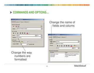 COMMANDS AND OPTIONS…


                         Change the name of
                           fields and colums




Change the way
  numbers are
  formatted

                    23
 