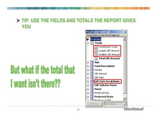 TIP: USE THE FIELDS AND TOTALS THE REPORT GIVES
YOU




                      27
 