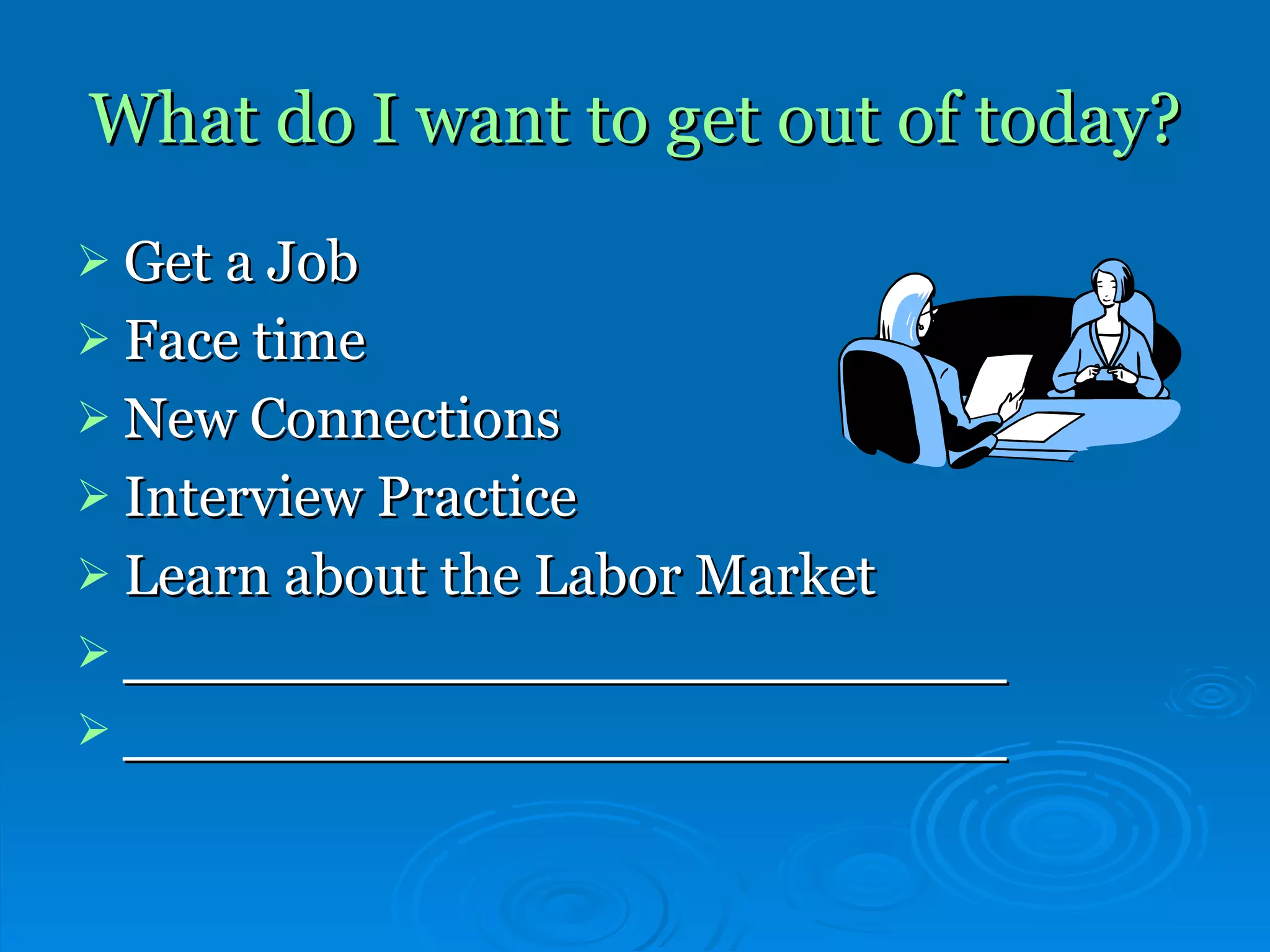 What do I want to get out of today? Get a Job Face time New Connections  Interview Practice Learn about the Labor Market ____________________________ ____________________________ 