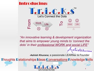 Introducing:
11
“An innovative learning & development organization
that aims to empower young minds to ‘connect the
dots’ in their professional WORK and social LIFE”
From
To
 
 
-Ashish Khurana; a passionate LEARNer & Founder
 