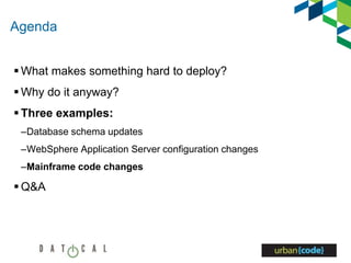 Agenda
 What makes something hard to deploy?
 Why do it anyway?
 Three examples:
–Database schema updates
–WebSphere Application Server configuration changes
–Mainframe code changes
 Q&A
 