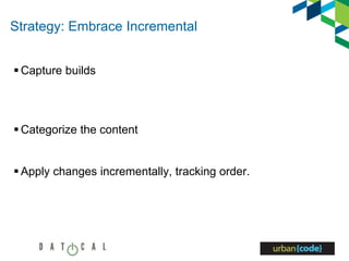 Strategy: Embrace Incremental
 Capture builds
 Categorize the content
 Apply changes incrementally, tracking order.
 
