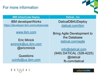 For more information
IBM UrbanCode Deploy Datical , Inc
IBM developerWorks
https://developer.ibm.com/urbancode
www.ibm.com
Eric Minick
eminick@us.ibm.com
@ericminick
Questions
ucinfo@us.ibm.com
DaticalDB4UDeploy
datical.com/ibm
Bring Agile Development to
the Database
datical.com/agile
info@datical.com
(949) DATICAL (328-4225)
@datical
fb.com/datical
 