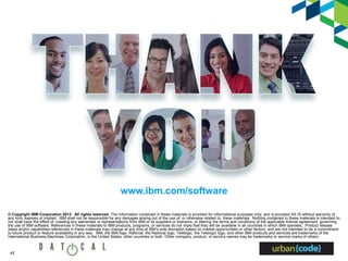 42
© Copyright IBM Corporation 2013. All rights reserved. The information contained in these materials is provided for informational purposes only, and is provided AS IS without warranty of
any kind, express or implied. IBM shall not be responsible for any damages arising out of the use of, or otherwise related to, these materials. Nothing contained in these materials is intended to,
nor shall have the effect of, creating any warranties or representations from IBM or its suppliers or licensors, or altering the terms and conditions of the applicable license agreement governing
the use of IBM software. References in these materials to IBM products, programs, or services do not imply that they will be available in all countries in which IBM operates. Product release
dates and/or capabilities referenced in these materials may change at any time at IBM’s sole discretion based on market opportunities or other factors, and are not intended to be a commitment
to future product or feature availability in any way. IBM, the IBM logo, Rational, the Rational logo, Telelogic, the Telelogic logo, and other IBM products and services are trademarks of the
International Business Machines Corporation, in the United States, other countries or both. Other company, product, or service names may be trademarks or service marks of others.
www.ibm.com/software
 