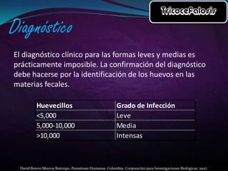 El diagnóstico clínico para las formas leves y medias es
prácticamente imposible. La confirmación del diagnóstico
debe hacerse por la identificación de los huevos en las
materias fecales.
Huevecillos
<5,000
5,000-10,000
>10,000

Grado de Infección
Leve
Media
Intensas

David Botero Marcos Restrepo. Parasitosis Humanas. Colombia: Corporación para Investigaciones Biológicas; 2007.

 