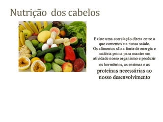 Nutrição dos cabelos
Existe uma correlação direta entre o
que comemos e a nossa saúde.
Os alimentos são a fonte de energia e
matéria prima para manter em
atividade nosso organismo e produzir
os hormônios, as enzimas e as

proteínas necessárias ao
nosso desenvolvimento

 