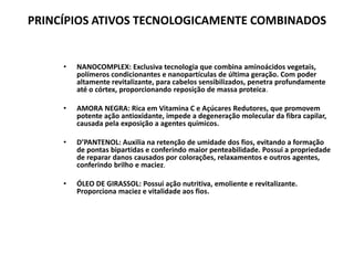 PRINCÍPIOS ATIVOS TECNOLOGICAMENTE COMBINADOS

•

NANOCOMPLEX: Exclusiva tecnologia que combina aminoácidos vegetais,
polímeros condicionantes e nanopartículas de última geração. Com poder
altamente revitalizante, para cabelos sensibilizados, penetra profundamente
até o córtex, proporcionando reposição de massa proteica.

•

AMORA NEGRA: Rica em Vitamina C e Açúcares Redutores, que promovem
potente ação antioxidante, impede a degeneração molecular da fibra capilar,
causada pela exposição a agentes químicos.

•

D’PANTENOL: Auxilia na retenção de umidade dos fios, evitando a formação
de pontas bipartidas e conferindo maior penteabilidade. Possui a propriedade
de reparar danos causados por colorações, relaxamentos e outros agentes,
conferindo brilho e maciez.

•

ÓLEO DE GIRASSOL: Possui ação nutritiva, emoliente e revitalizante.
Proporciona maciez e vitalidade aos fios.

 