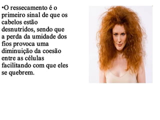 •O ressecamento é o
primeiro sinal de que os
cabelos estão
desnutridos, sendo que
a perda da umidade dos
fios provoca uma
diminuição da coesão
entre as células
facilitando com que eles
se quebrem.
 