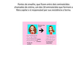 Pontes de enxofre, que ficam entre dois aminoácidos
chamados de cistina, um dos 18 aminoácidos que formam a
  fibra capilar e é responsável por sua resistência e forma.
 