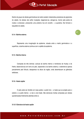 17
Dentro do grupo de células germinativas da matriz existem melanócitos produtores de pigmentos
do cabelo. As células vão sofrer mutações: degenerar-se, alongar-se, morrer pela perda do
núcleo e endurecer, produzindo uma proteína rica em enxofre – a queratina. Ela formará o
esqueleto do cabelo.
9.1.4 - Bainha externa
Representa uma invaginação da epiderme, situada entre a matriz germinativa e a
superfície, a bainha externa continua com o epitélio da epiderme.
9.1.5 - Bainha interna
Composta de três laminas: cutícula da bainha interna e membrana de Huxley e de
Henle; desenvolve-se em torno do pelo, separando-o da bainha externa, e estende-se apenas
parcialmente pelo folículo, desaparece na altura da região, onde desembocam as glândulas
sebáceas.
9.1.6 - Haste capilar
O pelo pode ser dividido em duas partes: a parte livre – a haste que se projeta para o
exterior, e a parte interna – a raiz e uma haste. São estruturas mortas compostas por células
queratinizadas fortemente aderidas entre si.
9.1.6.1 Estrutura da haste capilar
 