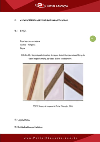 33
15 AS CARACTERÍSTICAS ESTRUTURAIS DA HASTE CAPILAR
15.1 ÉTNICA
Raça branca – caucasiana
Asiática – mongólica
Negra
FIGURA 20 – Microfotografia do cabelo da cabeça do indivíduo caucasiano/ Microg.de
cabelo negroide/ Microg. de cabelo asiático (Nesta ordem)
FONTE: Banco de imagens do Portal Educação, 2014.
15.2 – CURVATURA
15.2.1 - Cabelos Lisos ou Lisótricos
 