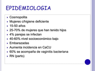  Cosmopolita
 Mujeres c/higiene deficiente
 15-50 años
 25-70% de mujeres que han tenido hijos
 4% parejas se infectan
 40-60% nivel socioeconómico bajo
 Embarazadas
 Aumenta incidencia en CaCU
 60% se acompaña de vaginitis bacteriana
 RN (parto)
EPIDEMIOLOGIA
 